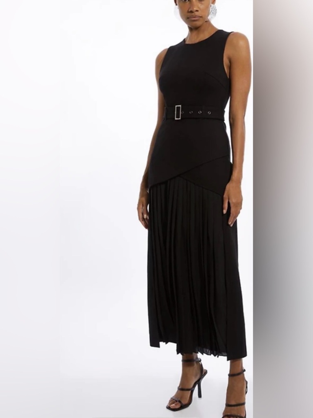 Karen Millen Ponte & Georgette Jersey Pleated Maxi Dress with Belted Waist